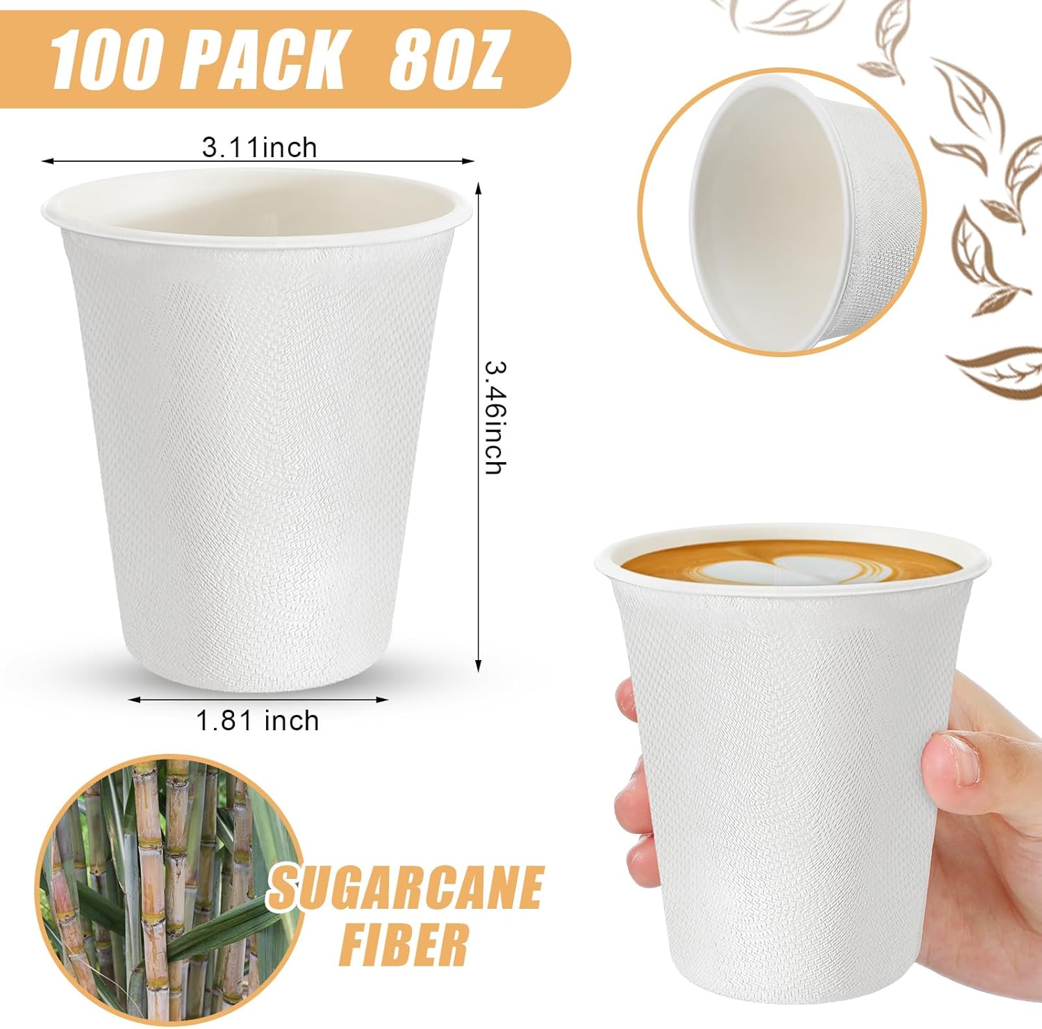 100 Pack 8 oz Compostable Paper Cups Bulk Bagasse and Bamboo Fibre Biodegrable Eco Friendly Disposable Drinking Coffee Cups for Hot or Cold Party Home Office Picnic Travel Events - Image 2